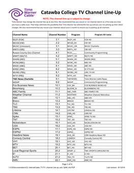 Catawba College TV Channel Line-Up NOTE: This Channel Line-Up Is Subject to Change