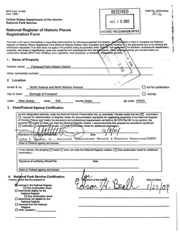 National Register of Historic Places Continuation Sheet Fanwood Park Historic District Section Number 7 Page 1 Union County, New Jersey