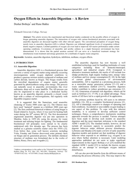 Oxygen Effects in Anaerobic Digestion – a Review Deshai Botheju* and Rune Bakke