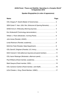 AUSA Panel, “Peace and Stability: Operating in a Complex World” 12 September 2016