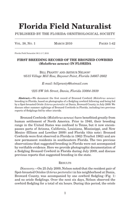Florida Field Naturalist PUBLISHED by the FLORIDA ORNITHOLOGICAL SOCIETY