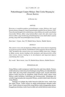 Perkembangan Cerpen Melayu:Sari Dari 27 Cerita (2009) Moyang 109 - 123 Ke Dewan Sastera 109