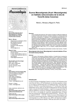 Acari: Mesostigmata) En Hábitats Seleccionados De La Isla De Tenerife (Islas Canarias