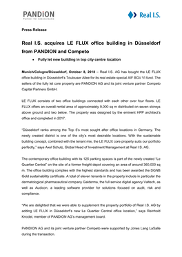Real I.S. Acquires LE FLUX Office Building in Düsseldorf from PANDION and Competo