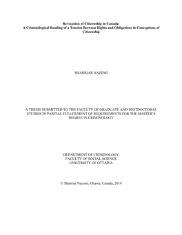 Revocation of Citizenship in Canada: a Criminological Reading of a Tension Between Rights and Obligations in Conceptions of Citizenship