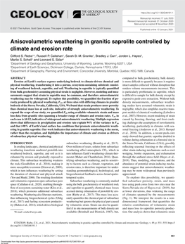 Anisovolumetric Weathering in Granitic Saprolite Controlled by Climate and Erosion Rate Clifford S