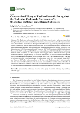 Comparative Efficacy of Residual Insecticides Against the Turkestan Cockroach, Blatta Lateralis