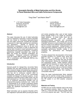 Synergistic Benefits of Metal Hydroxides and Zinc Borate in Flame Retardant Wire and Cable Performance Compounds Tong Chen(1)