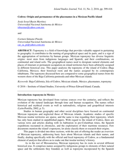 Island Studies Journal, Vol. 11, No. 2, 2016, Pp. 399-416 Cedros: Origin