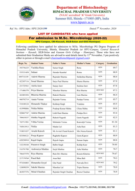 Department of Biotechnology HIMACHAL PRADESH UNIVERSITY (NAAC Accredited ‘A’ Grade University) Summer Hill, Shimla -171005 (HP), India