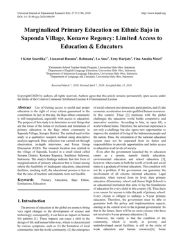 Marginalized Primary Education on Ethnic Bajo in Saponda Village, Konawe Regency: Limited Access to Education & Educators