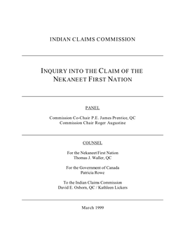 Inquiry Into the Claim of the Nekaneet First Nation