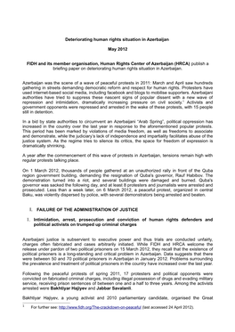 Deteriorating Human Rights Situation in Azerbaijan May 2012 FIDH and Its Member Organisation, Human Rights Center of Azerbaijan