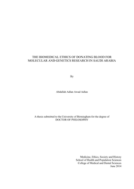 The Biomedical Ethics of Donating Blood for Molecular and Genetics Research in Saudi Arabia