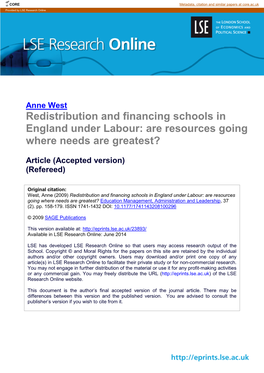 Redistribution and Financing Schools in England Under Labour: Are Resources Going Where Needs Are Greatest?