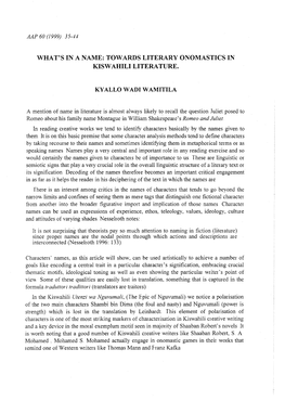 Towards Literary Onomastics in Kisw Ahili Literature