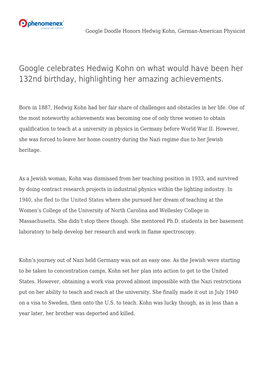 Google Doodle Honors Hedwig Kohn, German-American Physicist