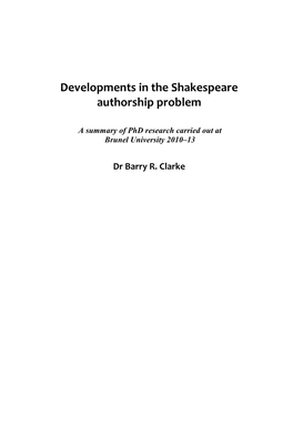 Developments in the Shakespeare Authorship Problem