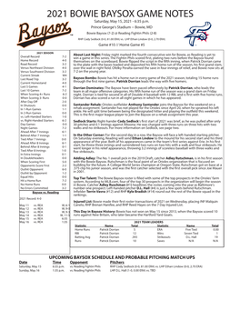 2021 BOWIE BAYSOX GAME NOTES Saturday, May 15, 2021 - 6:35 P.M