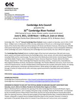 Cambridge River Festival FREE Festival of Music, Dance, Theater, Poetry, Visual Arts & More! June 4, 2011, 12:00 Noon – 6:00 P.M