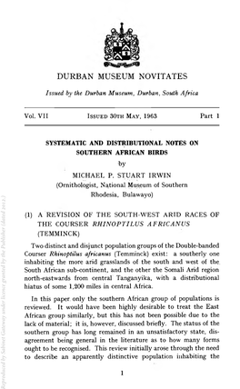 Systematic and Distributional Notes on Southern African Birds.Pdf