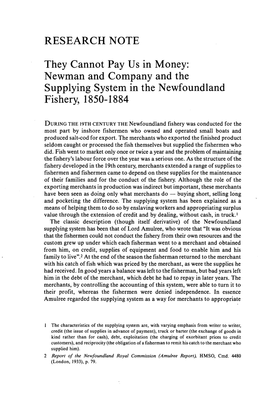 RESEARCH NOTE They Cannot Pay Us in Money: Newman and Company and the Supplying System in the Newfoundland Fishery, 1850-1884