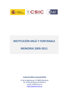 Institución Milá Y Fontanals Memoria 2009-2011