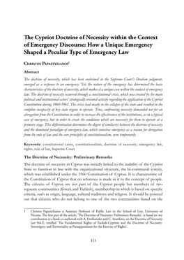 The Cypriot Doctrine of Necessity Within the Context of Emergency Discourse: How a Unique Emergency Shaped a Peculiar Type of Emergency Law