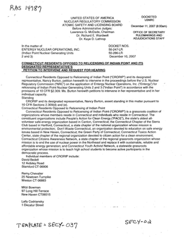 Connecticut Residents Opposed to Relicensing of Indian Point and Its Designated Representative's Petition to Intervene and Request for Hearing