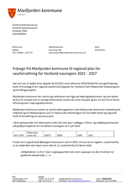 Fråsegn Frå Masfjorden Kommune Til Regional Plan for Vassforvaltning for Vestland Vassregion 2022 - 2027