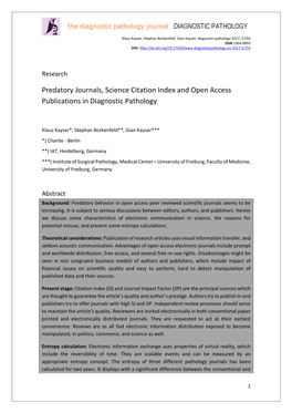 Predatory Journals, Science Citation Index and Open Access Publications in Diagnostic Pathology