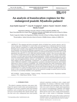 An Analysis of Translocation Regimes for the Endangered Puaiohi Myadestes Palmeri