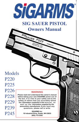 SIG SAUER PISTOL Owners Manual Models P220 P225 P226 P228