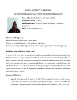 Dr. Emmily Ngetich (Phd) Designation/Rank: Lecturer Laikipia University: School of Science and Applied Technology, Department Email: Engetich@Laikipia.Ac.Ke