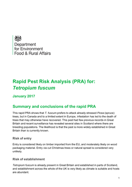 Rapid Pest Risk Analysis (PRA) For: Tetropium Fuscum