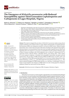 The Emergence of Klebsiella Pneumoniae with Reduced Susceptibility Against Third Generation Cephalosporins and Carbapenems in Lagos Hospitals, Nigeria