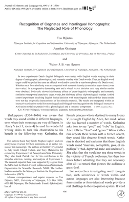 Recognition of Cognates and Interlingual Homographs: the Neglected Role of Phonology