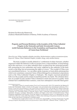 Property and Personal Relations in the Jurydyka of the Vilna Cathedral Chapter in the Sixteenth and Early Seventeenth Century
