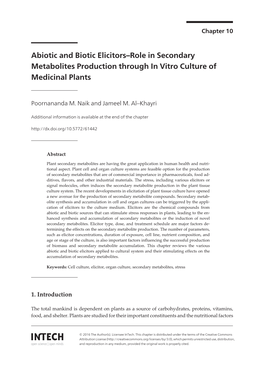 Abiotic and Biotic Elicitors–Role in Secondary Metabolites Production Through in Vitro Culture of Medicinal Plants
