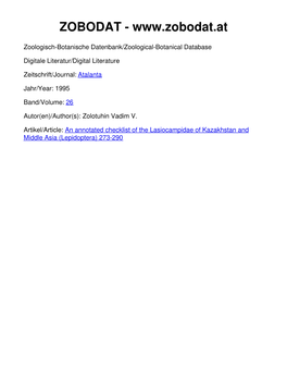 An Annotated Checklist of the Lasiocampidae of Kazakhstan and Middle Asia (Lepidoptera) 273-290 ©Ges