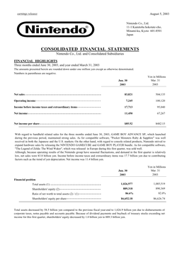 CONSOLIDATED FINANCIAL STATEMENTS Nintendo Co., Ltd