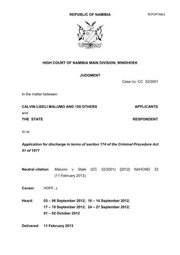 REPUBLIC of NAMIBIA HIGH COURT of NAMIBIA MAIN DIVISION, WINDHOEK JUDGMENT Case No: CC 32/2001 in the Matter Between: CALVIN LI