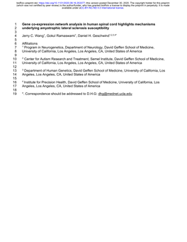 Gene Co-Expression Network Analysis in Human Spinal Cord Highlights Mechanisms 2 Underlying Amyotrophic Lateral Sclerosis Susceptibility 3 4 Jerry C