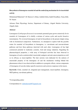 Biosynthesis of Lemongrass Essential Oil and the Underlying Mechanism for Its Insecticidal Activity