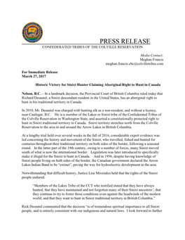 Press Release Confederated Tribes of the Colville Reservation