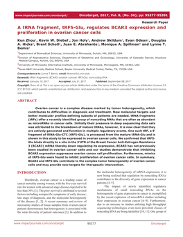 A Trna Fragment, Trf5-Glu, Regulates BCAR3 Expression and Proliferation in Ovarian Cancer Cells