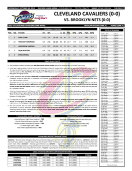 Cleveland Cavaliers (0-0) Vs