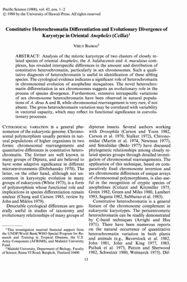 Constitutive Heterochromatin Differentiation and Evolutionary Divergence of Karyotype in Oriental Anopheles (Cellia) 1