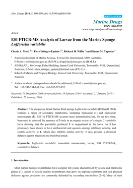 ESI FTICR-MS Analysis of Larvae from the Marine Sponge Luffariella Variabilis