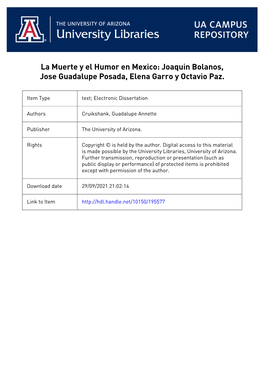 La Muerte Y El Humor En Mexico: Joaquín Bolaños, José Guadalupe Posada, Elena Garro Y Octavio Paz